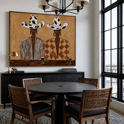 Cowprint Hat Duo with Wine Glasses Wall Art styled interior scene 5 | Olyrel