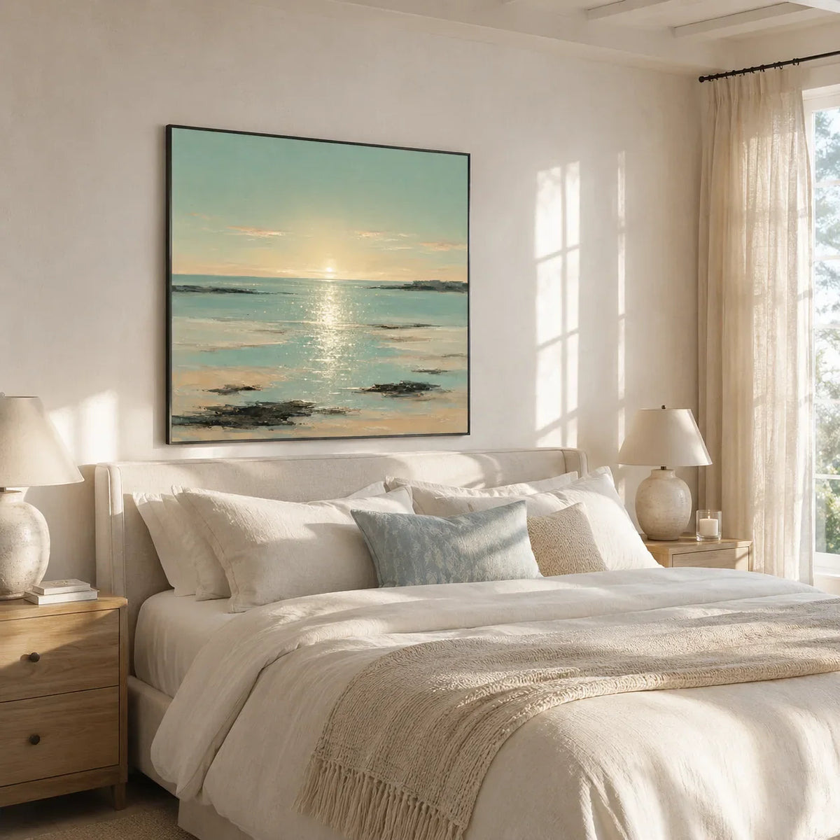 Sunlit Tide Coastal Wall Art styled in a modern living room | Olyrel