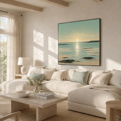Sunlit Tide Coastal Wall Art displayed above a sofa in a neutral interior | Olyrel