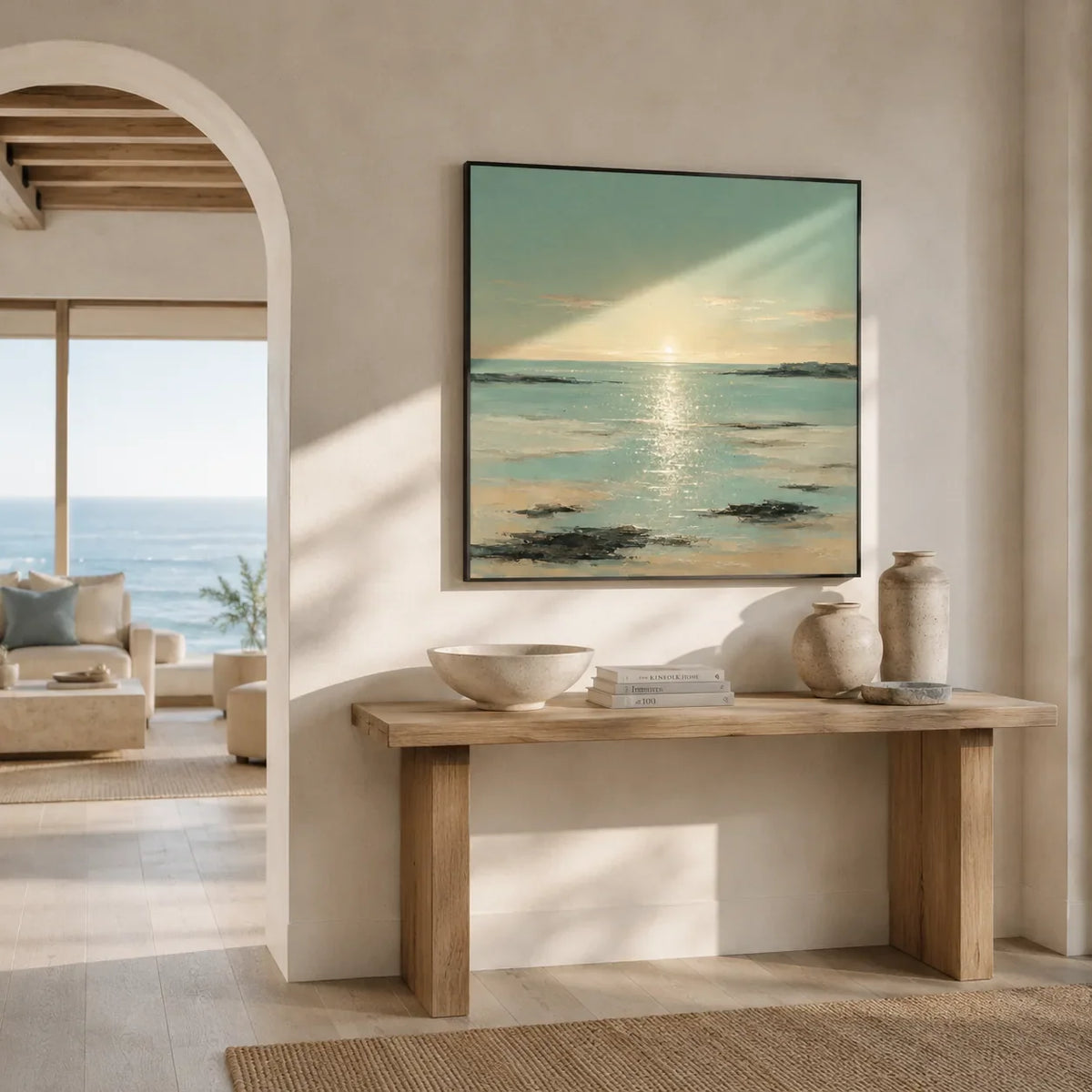 Sunlit Tide Coastal Wall Art shown in a calm bedroom setting | Olyrel
