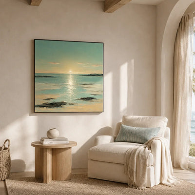 Sunlit Tide Coastal Wall Art displayed in a bright dining room | Olyrel