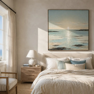 Sunlit Tide Coastal Wall Art styled with minimal interior decor | Olyrel