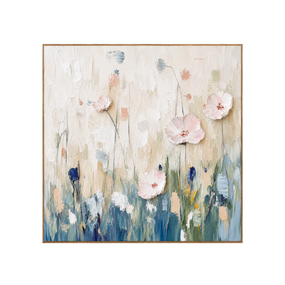 Blush Blossoms over Blue Meadow Textured Wall Art | Olyrel