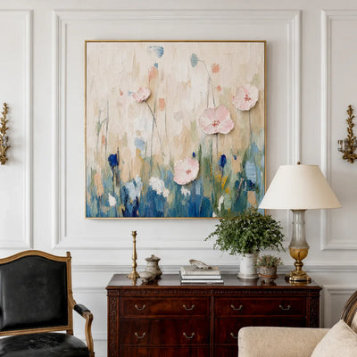 Blush Blossoms over Blue Meadow Textured Wall Art styled interior scene 2 | Olyrel
