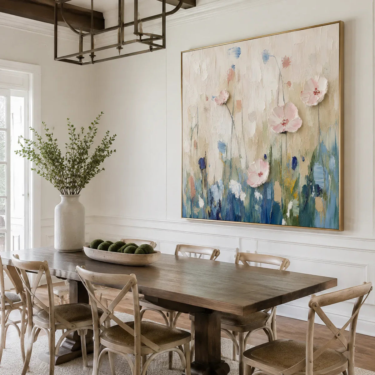 Blush Blossoms over Blue Meadow Textured Wall Art styled interior scene 4 | Olyrel