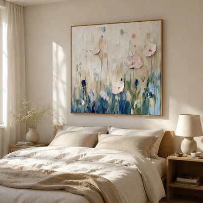 Blush Blossoms over Blue Meadow Textured Wall Art styled interior scene 5 | Olyrel