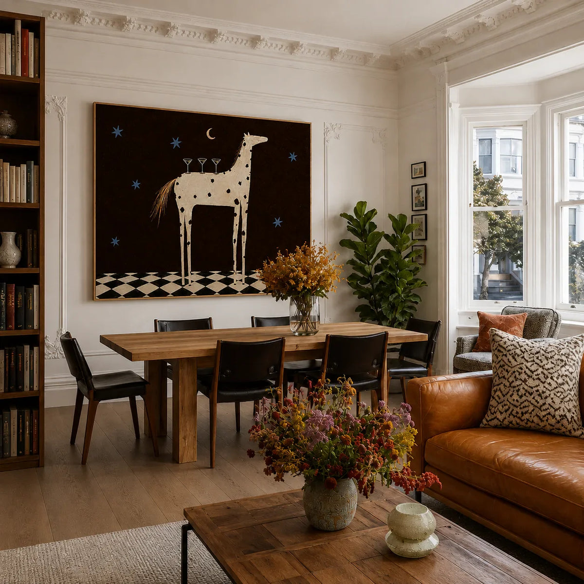 Spotted Horse with Three Cocktails under Stars Wall Art styled interior scene 3 | Olyrel
