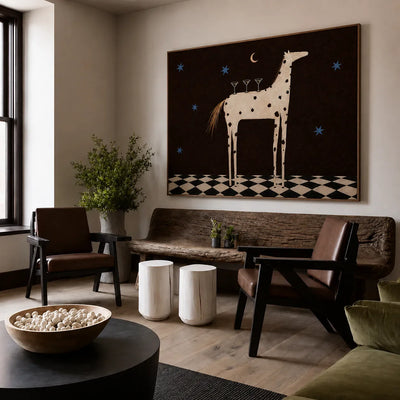 Spotted Horse with Three Cocktails under Stars Wall Art styled interior scene 4 | Olyrel