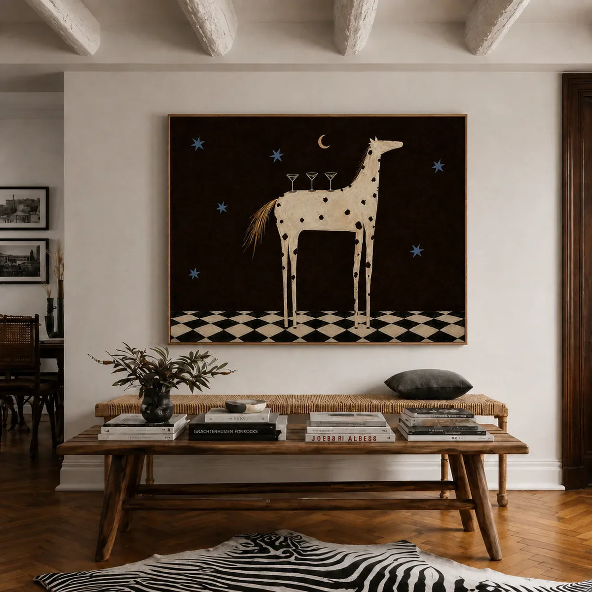 Spotted Horse with Three Cocktails under Stars Wall Art styled interior scene 5 | Olyrel