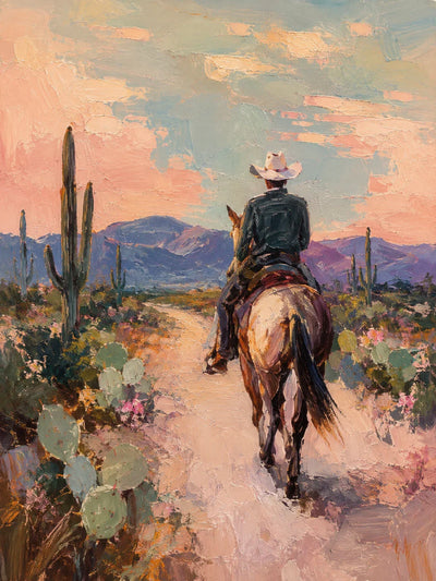 Desert Trail Rider beneath Peach Skies Wall Art artwork view | Olyrel