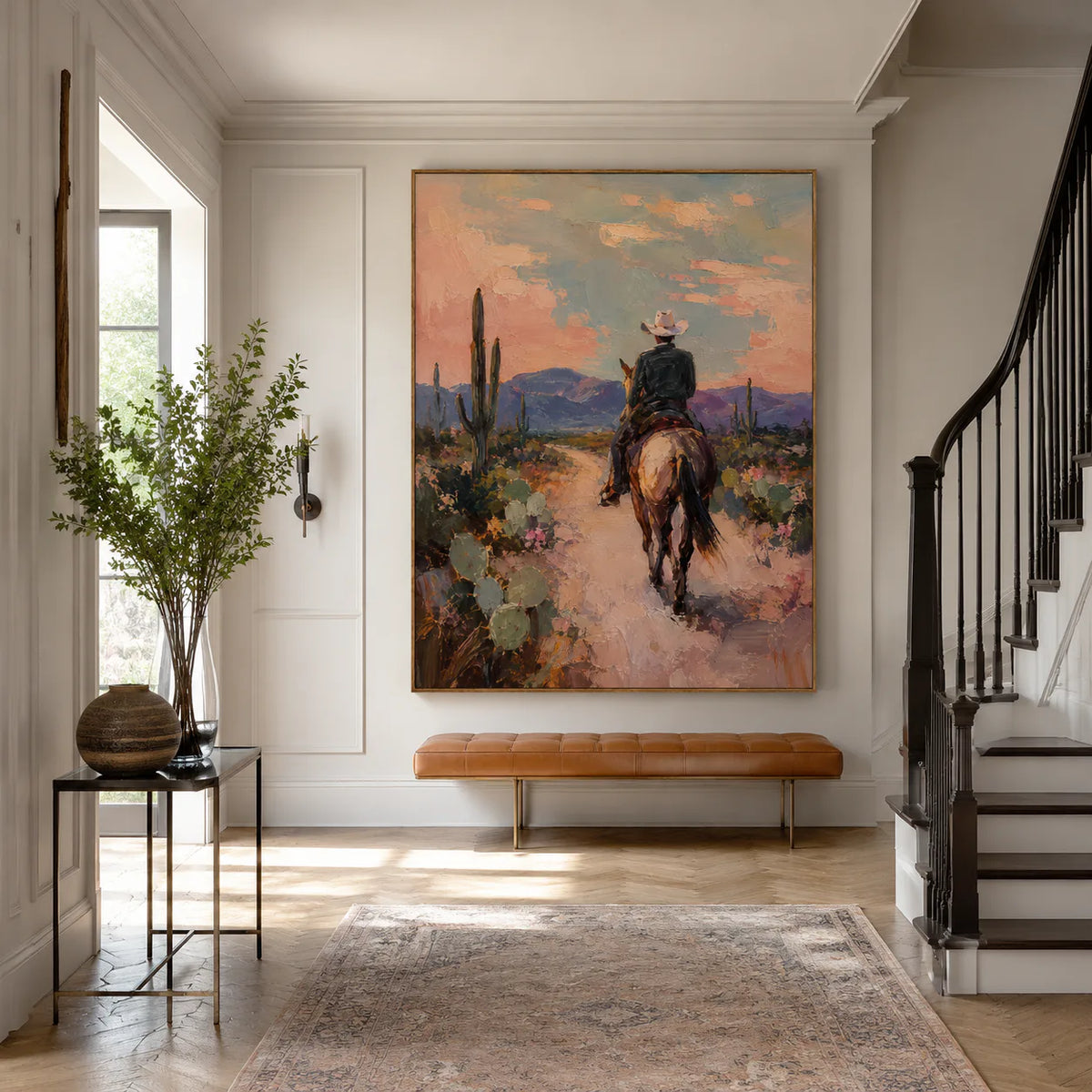 Desert Trail Rider beneath Peach Skies Wall Art styled interior scene 2 | Olyrel