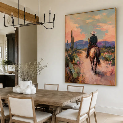 Desert Trail Rider beneath Peach Skies Wall Art styled interior scene 3 | Olyrel
