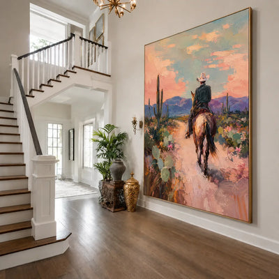 Desert Trail Rider beneath Peach Skies Wall Art styled interior scene 5 | Olyrel