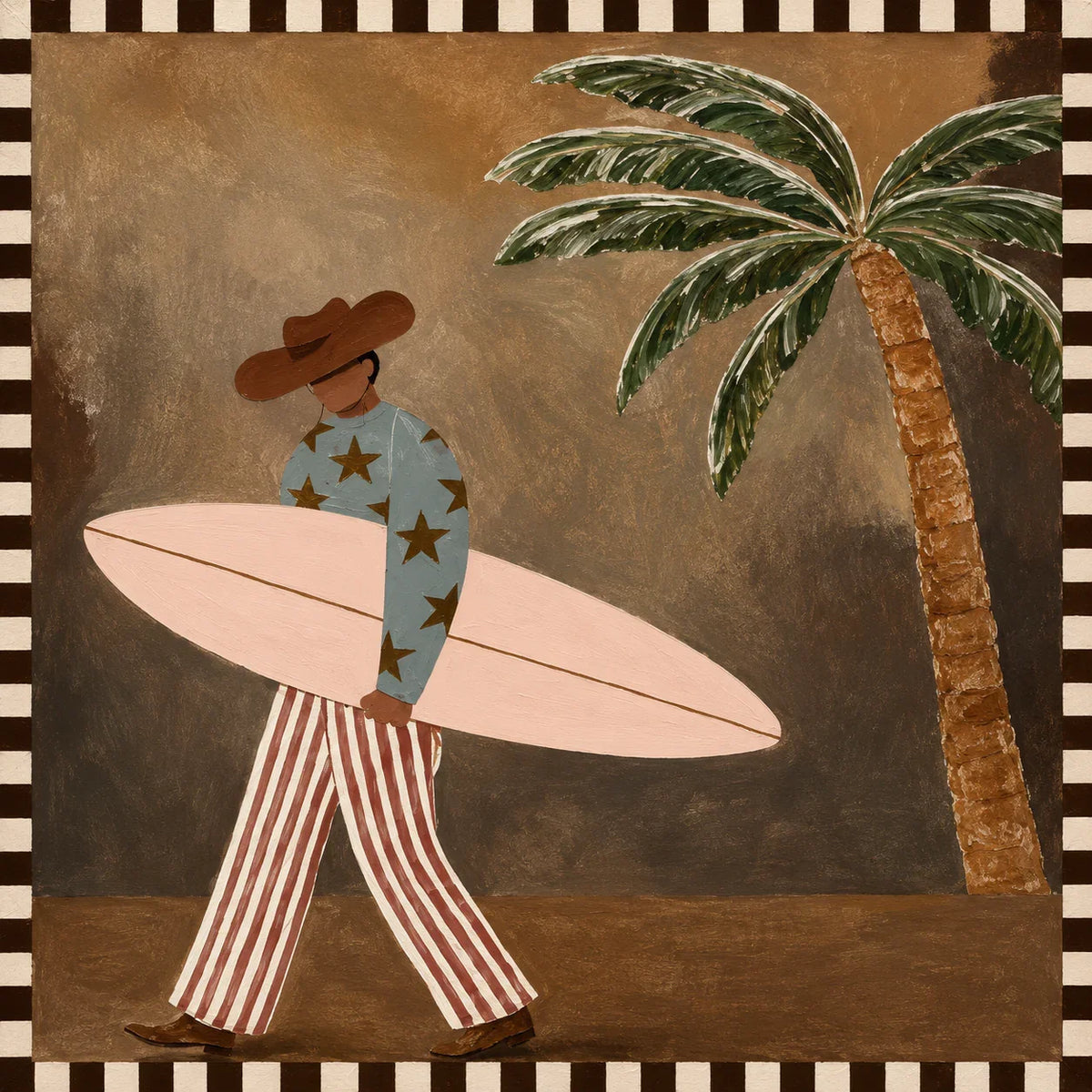 Star-Shirt Surfer beside a Palm Tree Wall Art artwork view | Olyrel