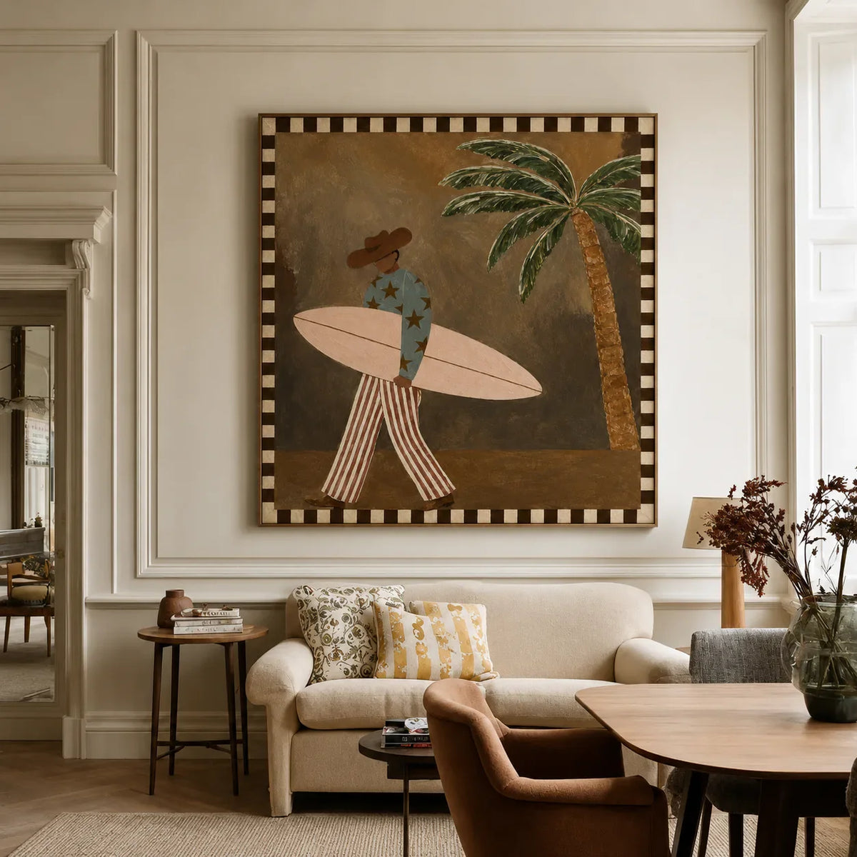 Star-Shirt Surfer beside a Palm Tree Wall Art styled interior scene 1 | Olyrel