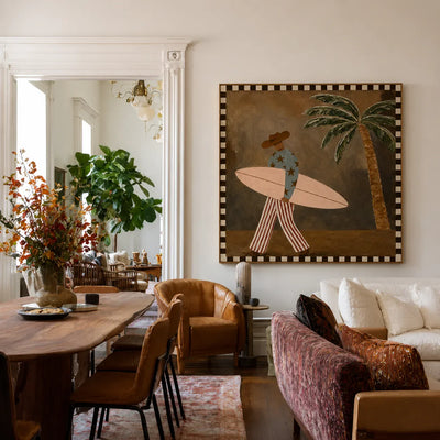 Star-Shirt Surfer beside a Palm Tree Wall Art styled interior scene 2 | Olyrel