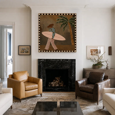Star-Shirt Surfer beside a Palm Tree Wall Art styled interior scene 3 | Olyrel