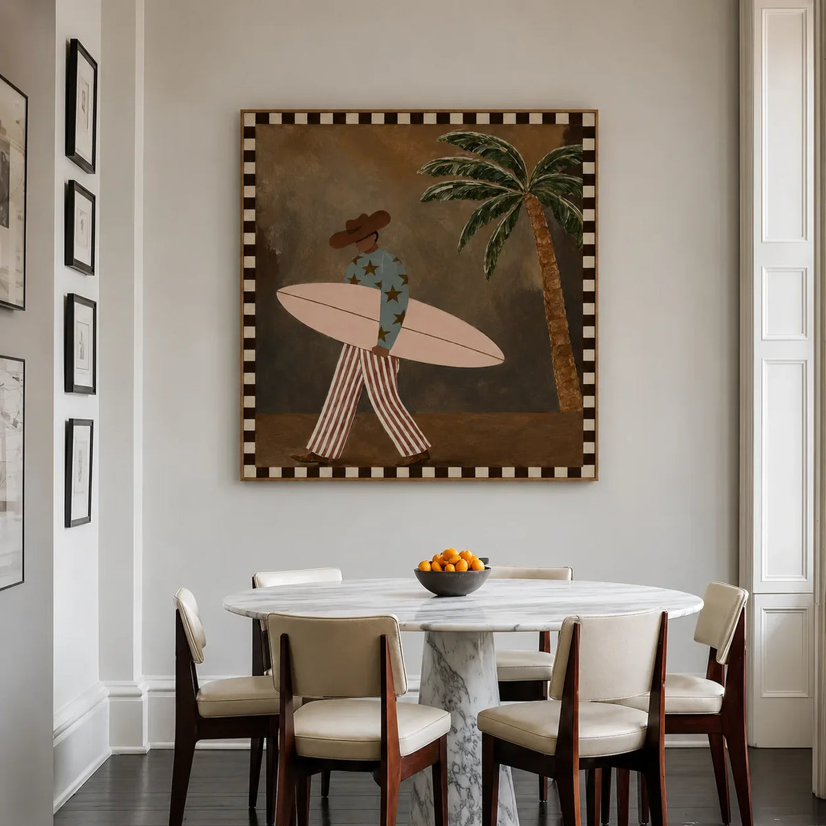 Star-Shirt Surfer beside a Palm Tree Wall Art styled interior scene 4 | Olyrel
