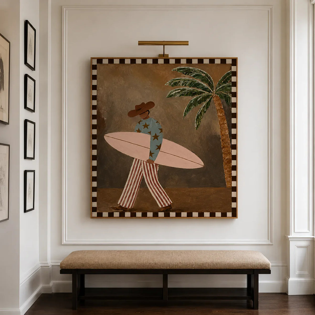 Star-Shirt Surfer beside a Palm Tree Wall Art styled interior scene 5 | Olyrel