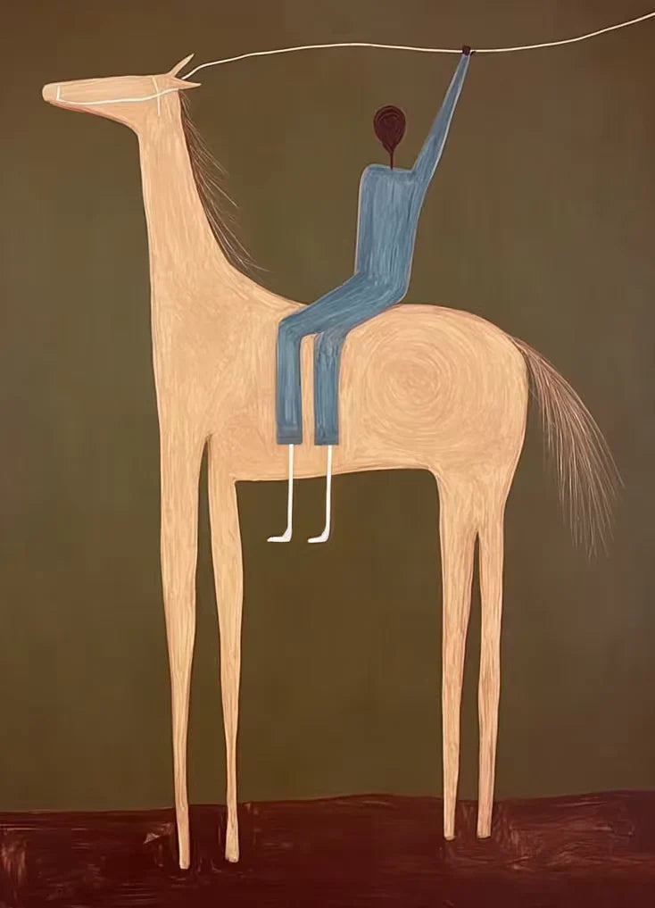 Blue Rider and Golden Long-Legged Horse Wall Art artwork view | Olyrel