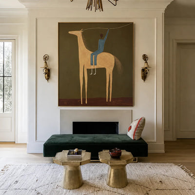 Blue Rider and Golden Long-Legged Horse Wall Art styled interior scene 1 | Olyrel