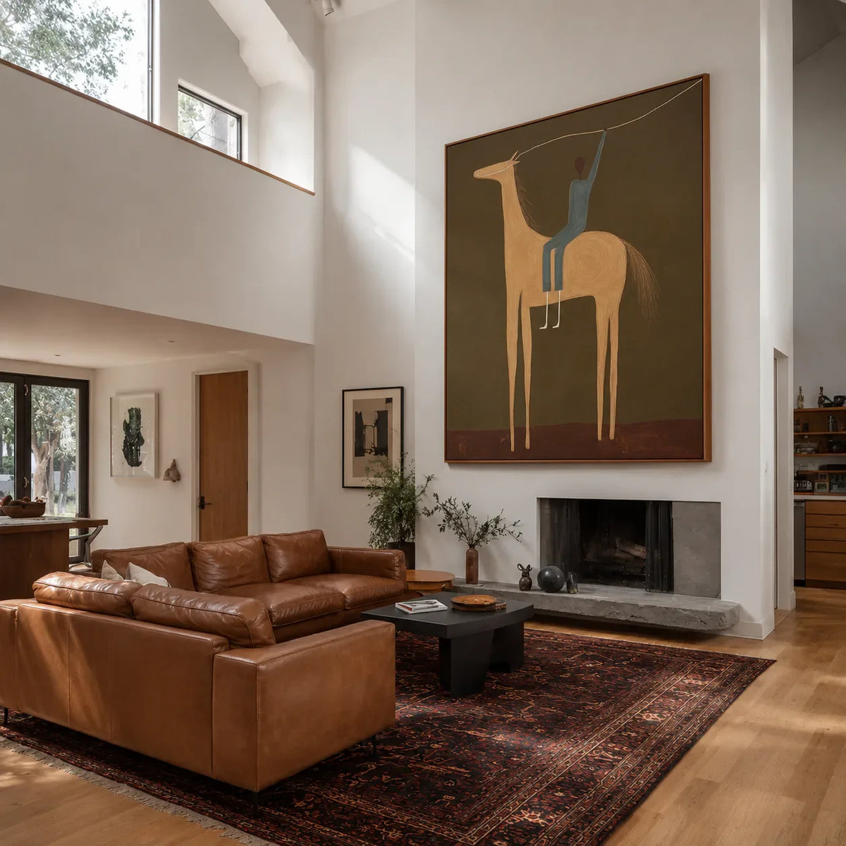 Blue Rider and Golden Long-Legged Horse Wall Art styled interior scene 2 | Olyrel