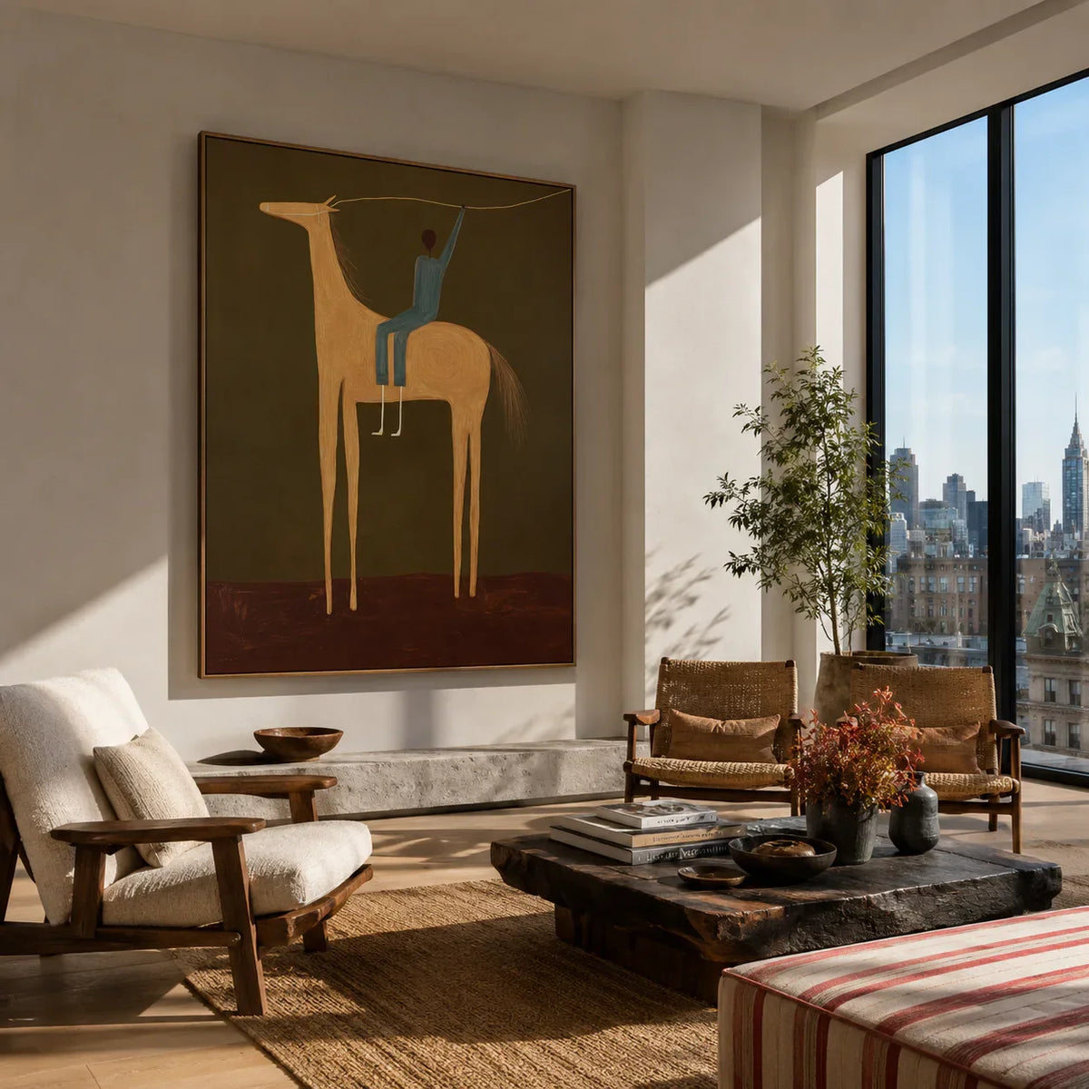 Blue Rider and Golden Long-Legged Horse Wall Art styled interior scene 3 | Olyrel