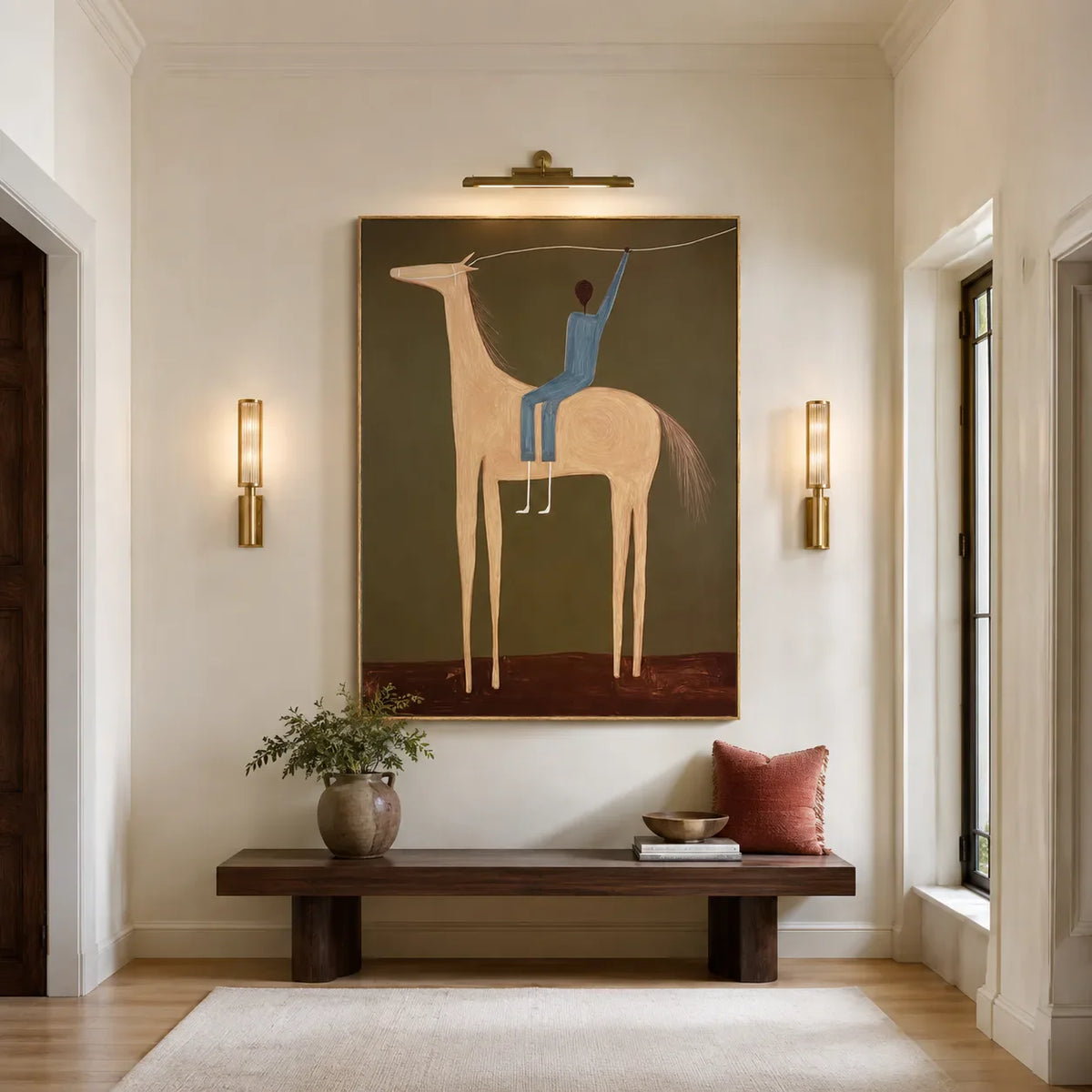 Blue Rider and Golden Long-Legged Horse Wall Art styled interior scene 4 | Olyrel
