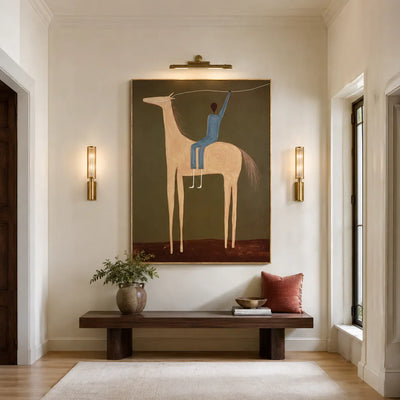Blue Rider and Golden Long-Legged Horse Wall Art styled interior scene 4 | Olyrel