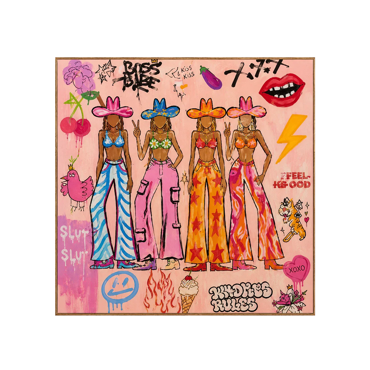 Four Colorful Cowgirls in Pink Graffiti Wall Art | Olyrel