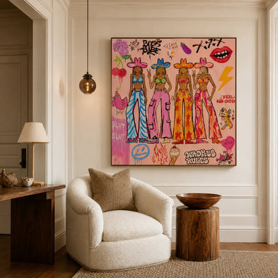Four Colorful Cowgirls in Pink Graffiti Wall Art styled interior scene 1 | Olyrel