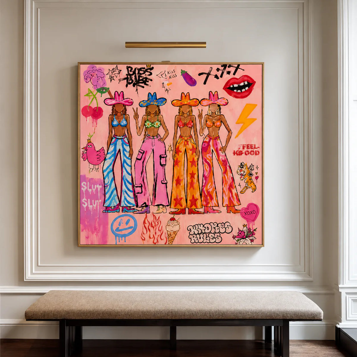 Four Colorful Cowgirls in Pink Graffiti Wall Art styled interior scene 3 | Olyrel
