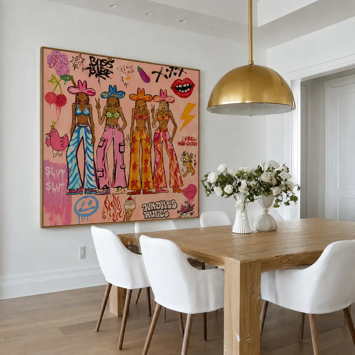 Four Colorful Cowgirls in Pink Graffiti Wall Art styled interior scene 4 | Olyrel