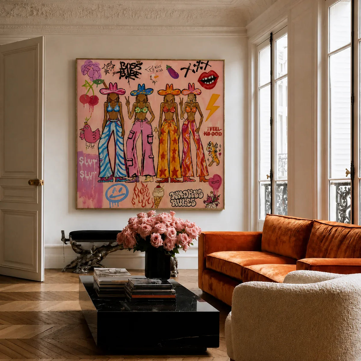 Four Colorful Cowgirls in Pink Graffiti Wall Art styled interior scene 5 | Olyrel