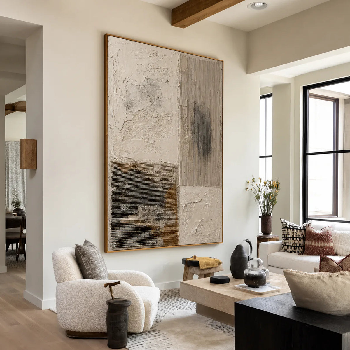 Ivory and Charcoal Patchwork Texture Wall Art styled interior scene 1 | Olyrel