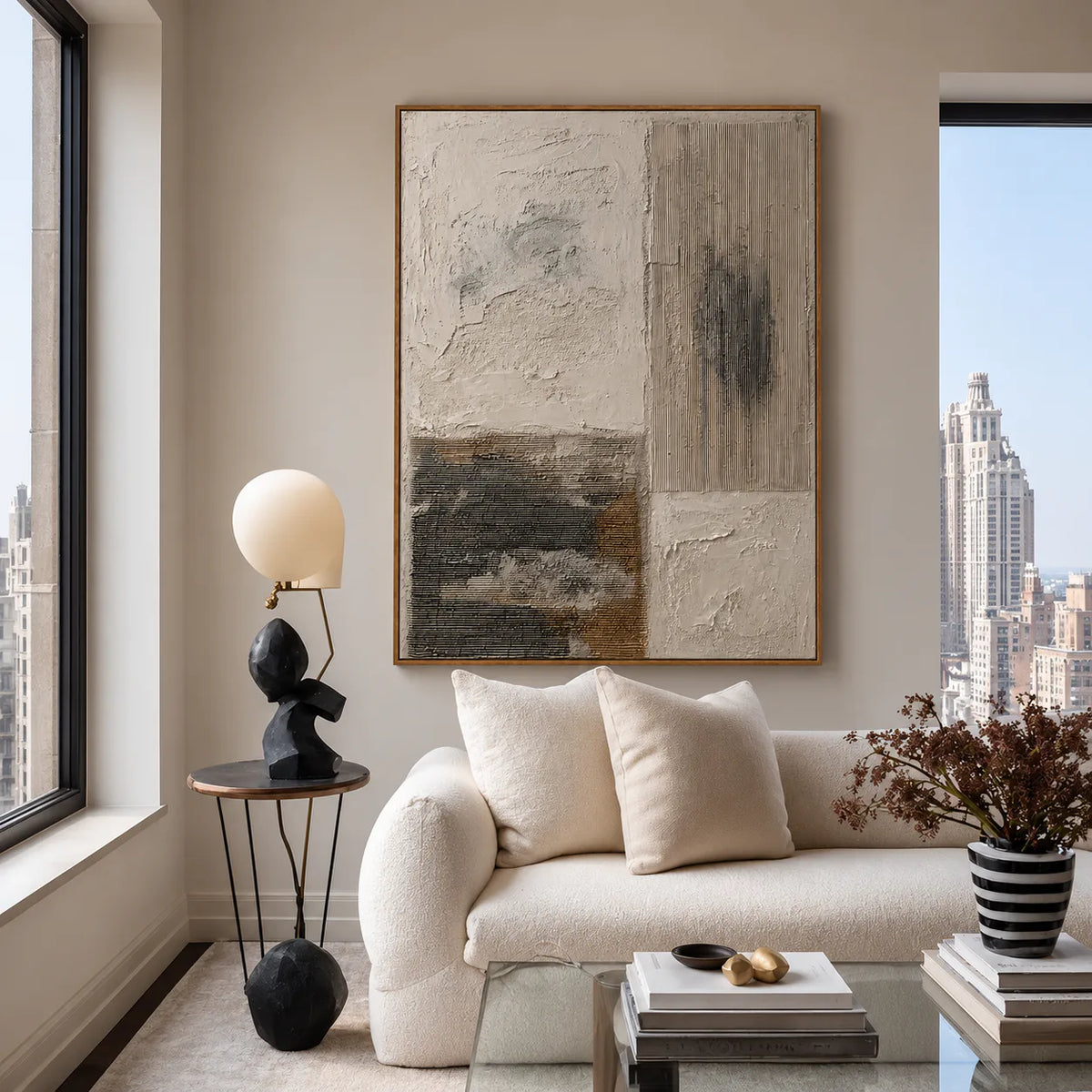 Ivory and Charcoal Patchwork Texture Wall Art styled interior scene 2 | Olyrel