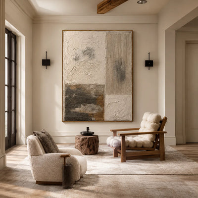 Ivory and Charcoal Patchwork Texture Wall Art styled interior scene 3 | Olyrel