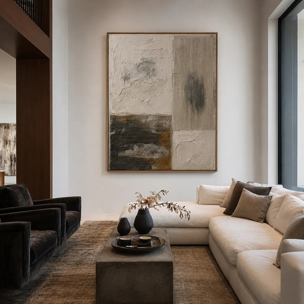 Ivory and Charcoal Patchwork Texture Wall Art styled interior scene 5 | Olyrel