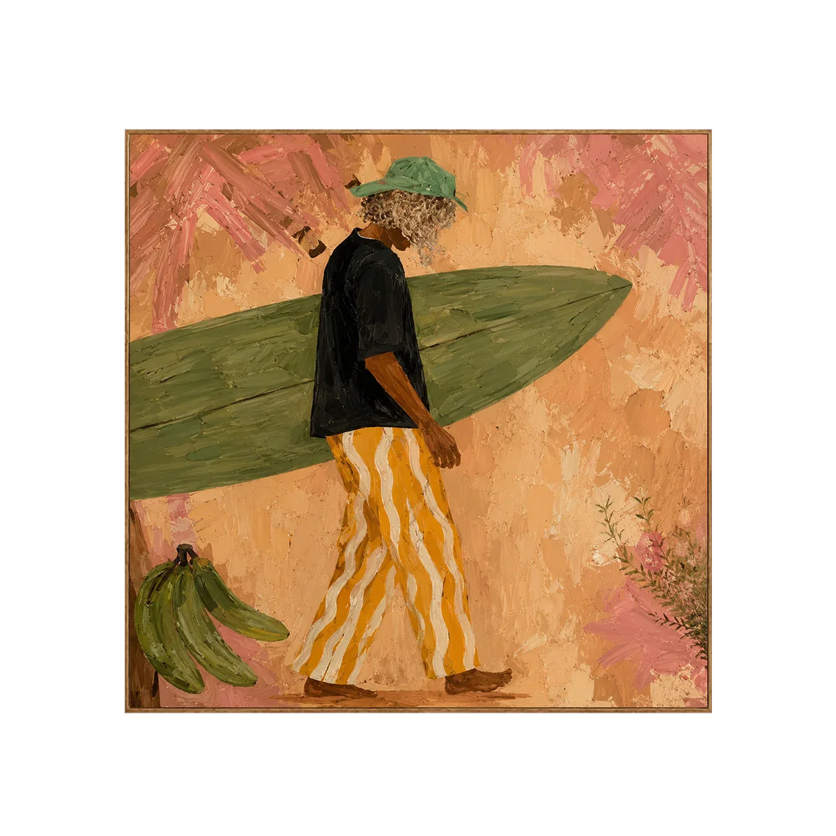 Olive Surfboard and Golden Stripes Wall Art | Olyrel