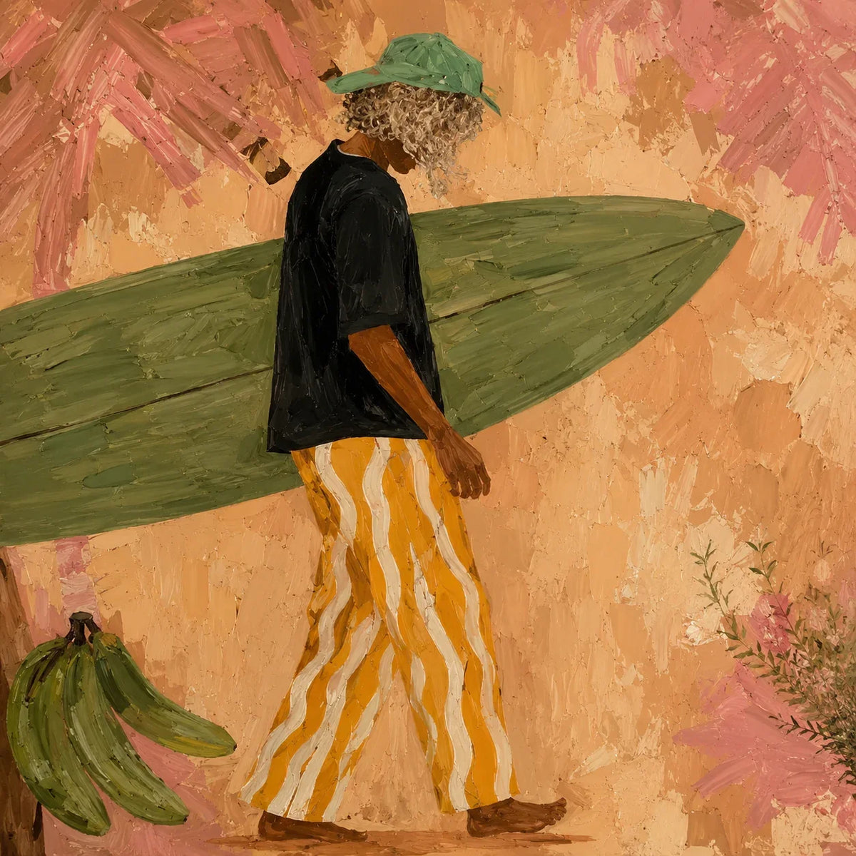 Olive Surfboard and Golden Stripes Wall Art artwork view | Olyrel
