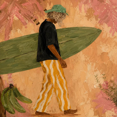 Olive Surfboard and Golden Stripes Wall Art artwork view | Olyrel
