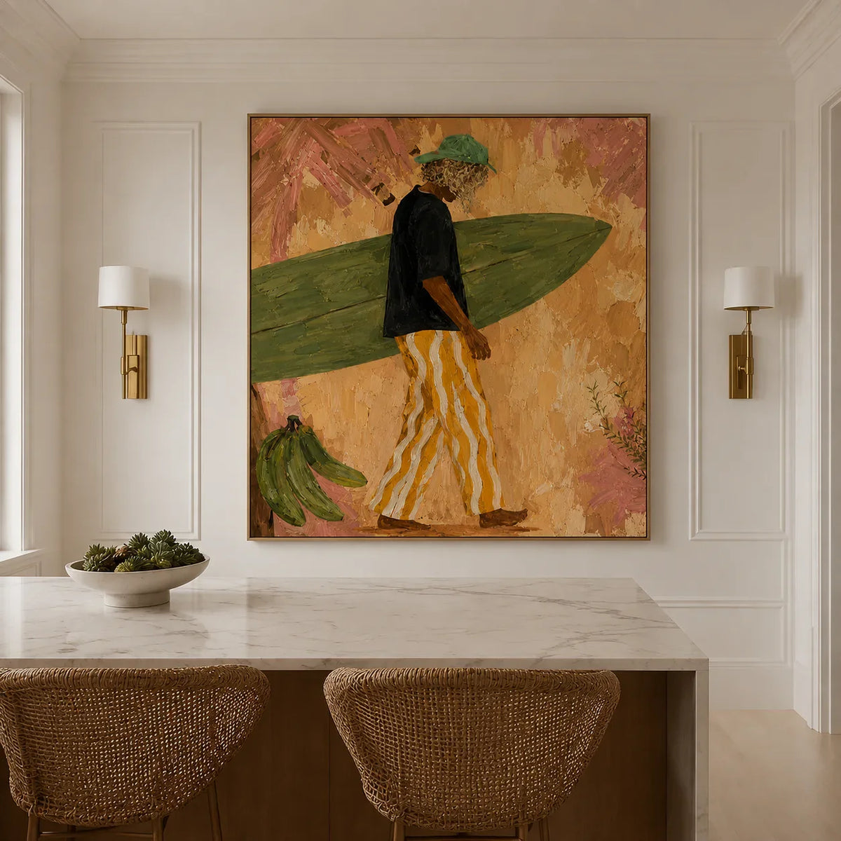 Olive Surfboard and Golden Stripes Wall Art styled interior scene 3 | Olyrel