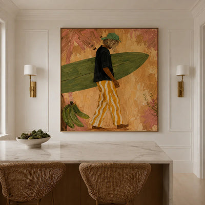 Olive Surfboard and Golden Stripes Wall Art styled interior scene 3 | Olyrel