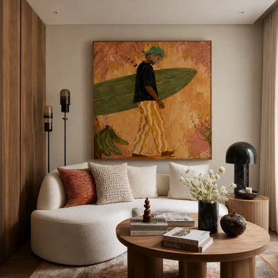 Olive Surfboard and Golden Stripes Wall Art styled interior scene 4 | Olyrel