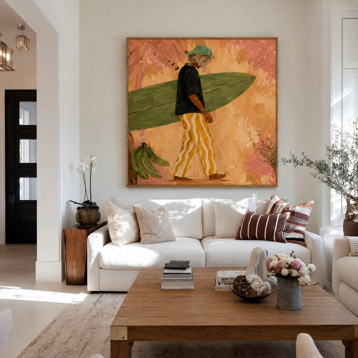 Olive Surfboard and Golden Stripes Wall Art styled interior scene 5 | Olyrel