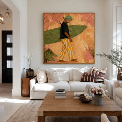 Olive Surfboard and Golden Stripes Wall Art styled interior scene 5 | Olyrel