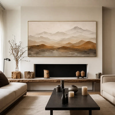 Ochre Foothills and Misty Mountain Layers Wall Art styled interior scene 3 | Olyrel