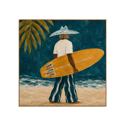 Golden Surfboard at the Teal Shore Wall Art | Olyrel