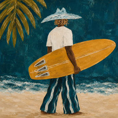 Golden Surfboard at the Teal Shore Wall Art artwork view | Olyrel
