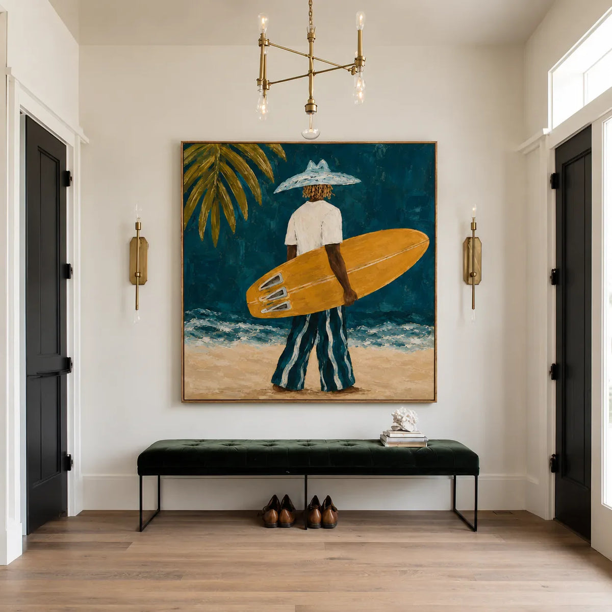 Golden Surfboard at the Teal Shore Wall Art styled interior scene 2 | Olyrel